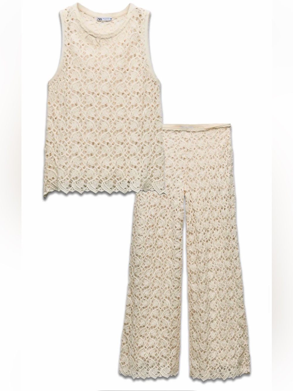 Zara SET crochet knit 2 piece matching top and pants open work hollow set